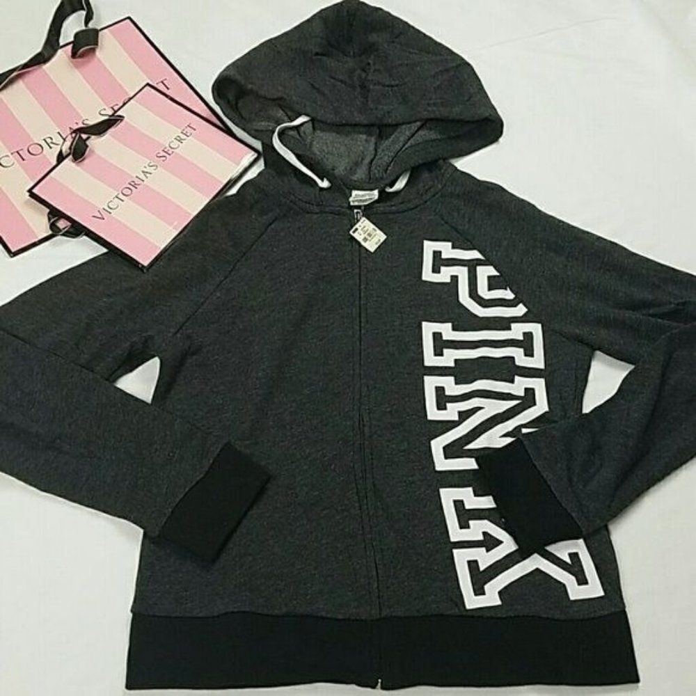 NWT Pink Victoria's Secret Charcoal Gray Zip Up Hoodie Logo Crop Colorblock